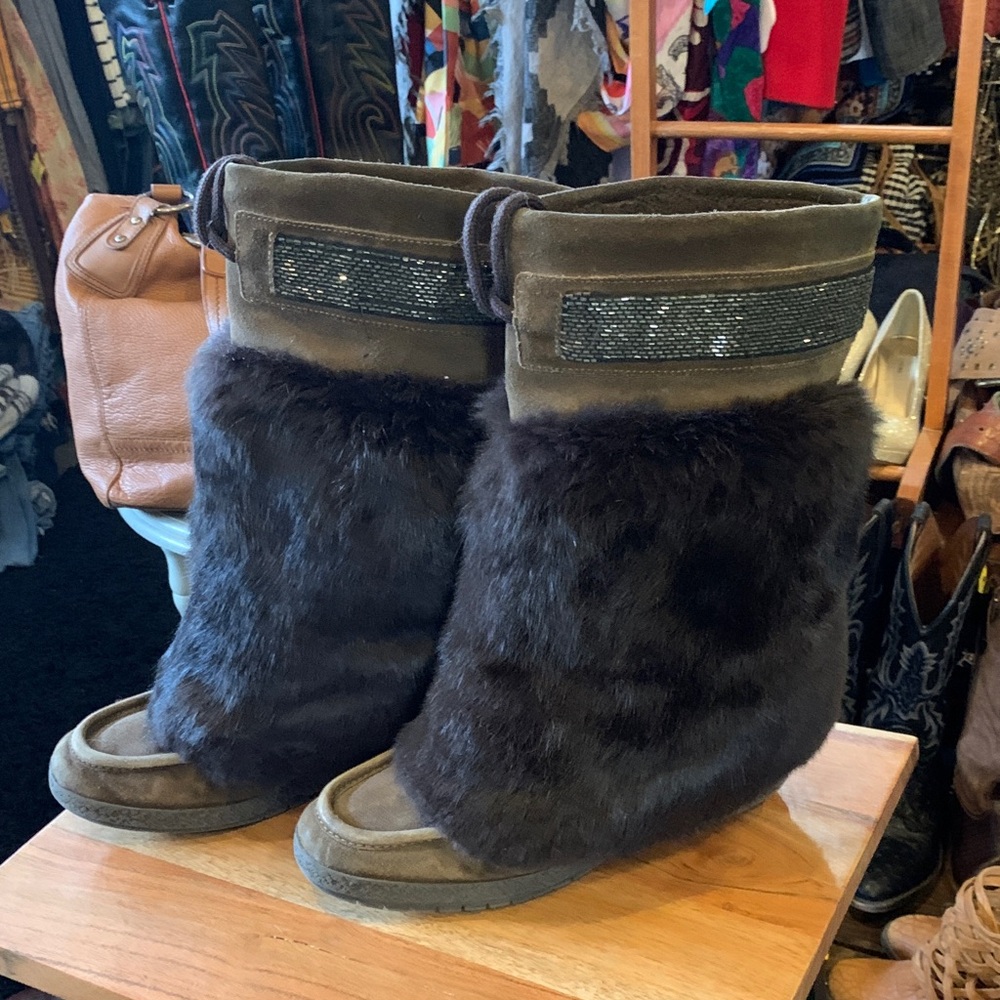 Coach Brown Rabbit Fur-Lined Women's Boots with sequins details